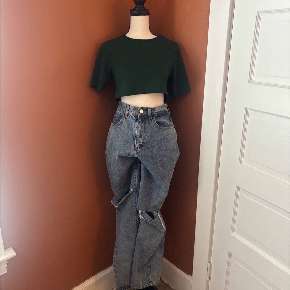 Nasty Gal Forest Green Top and Denim Jeans